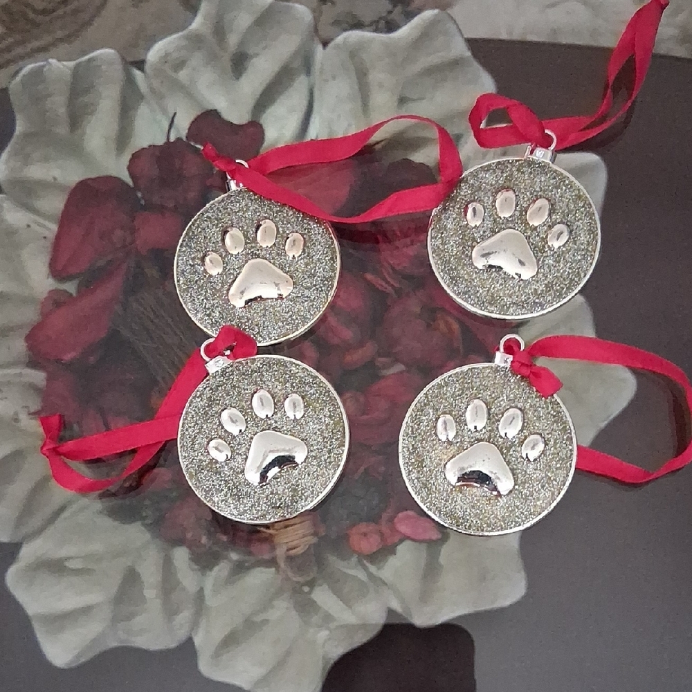 Silver Paw Print Ornaments with Red Ribbon